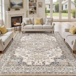9x12 Washable Area Rugs for Living Room: Non Slip Vintage Brown Rug, Large Soft Stain Resistant Indoor Floor Carpets for Bedroom Dining Room Farmhouse Nursery Home Office Kid & Pet Friendly