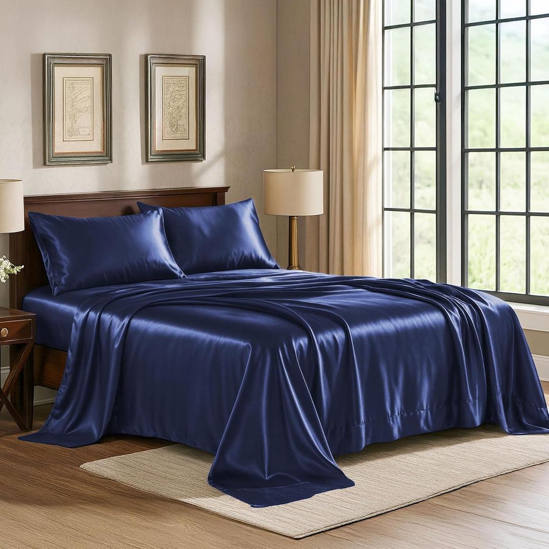 Satin Sheets Queen [4-Piece, Midnight Blue] Hotel Luxury Silky Bed Sheets - Extra Soft 1800 Microfiber Sheet Set, Wrinkle, Fade, Stain Resistant - Deep Pocket Fitted Sheet, Flat Sheet, Pillow Cases