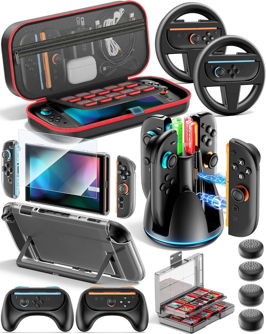 Switch 2 Accessories Bundle for 2025 Nintendo Switch 2 Starter Kit, 16-in-1 Kits-Carrying Case, Joycon Charging Station, Steering Wheels & Grips, Ergonomic Grip, Game Card, Clear Case & Screen Protector