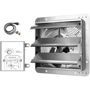 Simple Deluxe 20 Inch Wall Mounted Shutter Exhaust Fan with Temperature Controller and Power Cord Kit, Aluminum, 1200 RPM, 3368 CFM, for Attic, Garage, Louvered Vent, Plant, Greenhouse, Silver