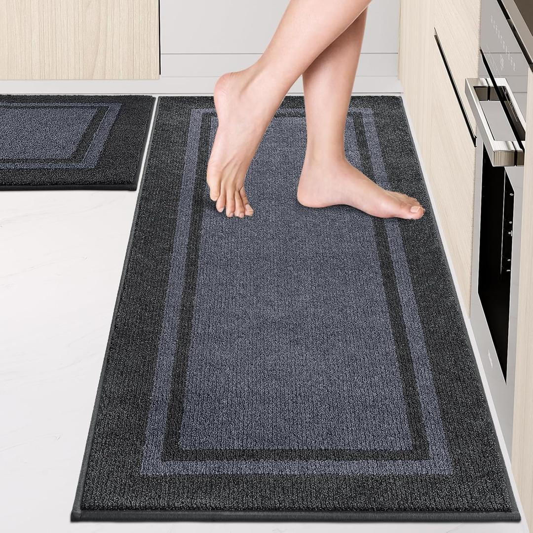 Kitchen Rugs Set (24" x 36"+24" x 60"), Non-Slip Machine Washable Kitchen Runner Rugs Floor Mats, Absorbent Comfort Standing Mat for Kitchen, Sink and Hallway, Rolled Packaging, Bluish Grey & Charcoal