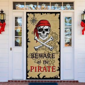 Pirate Door Cover Banner Beware of the Pirate 71x35 Inch Party Door Sign for Front Door Skull Map Design Door Cover for Halloween Theme Party Outdoor Decor