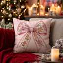 Coquette Preppy Pink Christmas Gingerbread Bow Decor Pillow Covers 18x18,Girly Pink Floral Christmas Xmas Decorative Throw Pillow Covers for Girls Room Dorm Home