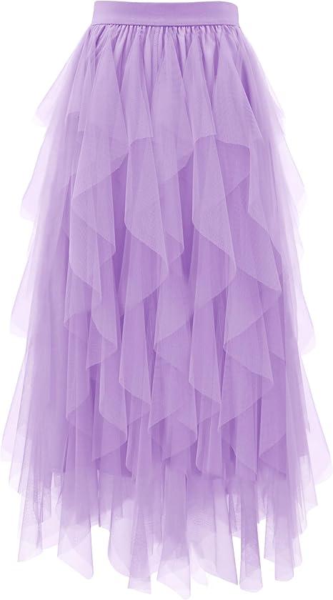 Tulle Skirts for Women A Line Fairy Tiered Skirt Midi Length High Elastic Waist Long Skirt (Medium)