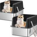 2 PACK Stainless Steel Cat Litter Box with Lid,19.7” L x 13.8” W x 11.8”H Deep,Large Metal Litter Box with High Side,for Small and Large Cats,Anti-Leakage Non-Sticky Include Litter Scoop