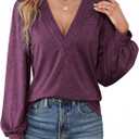 Agnes Urban Womens V Neck Long Sleeve Tops Dressy Casual Fall Shirts Puff Sleeve Loose Tunic Trendy Tops Blouses (Purple, M)