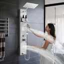 Shower Panel Tower System with Shelf, Body Jet Massage, Tub Spout, Total 4 Body Spray & 5 Handheld Settings, Adjustable Height, Rainfall + Waterfall Shower Head, Rain Massage Spa System For Bathroom