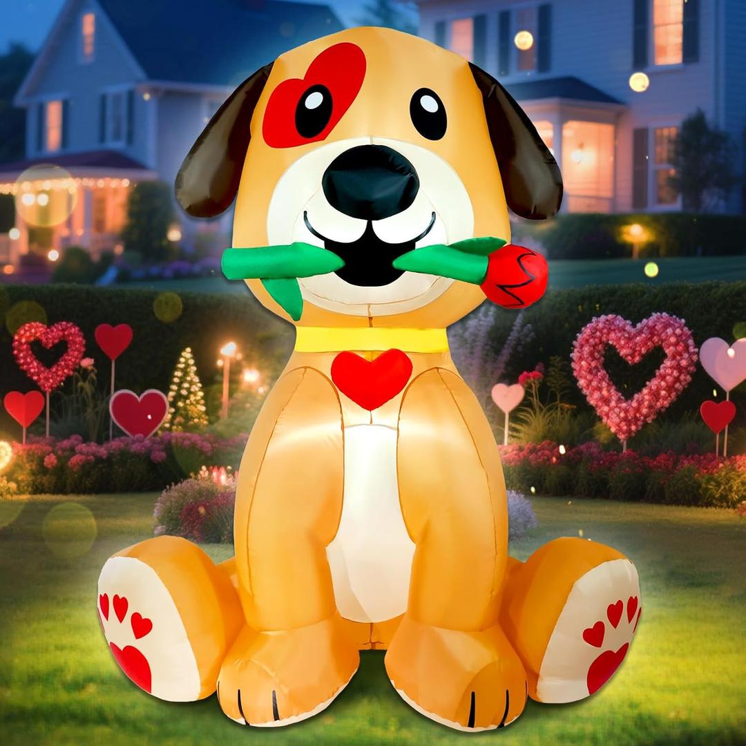 6FT Valentines Day Inflatables Dog Carrying Rose Inflatable Outdoor Yard Decoration Puppy with Bright LED Lights Blow Up Dcor for Wedding Propose Anniversary Party