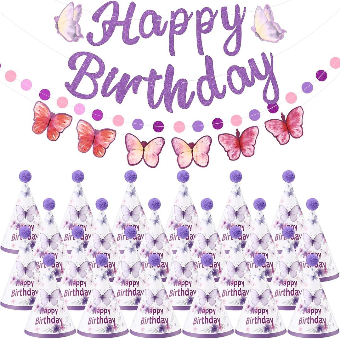 AmazingSpark 25 Pcs Purple Butterfly Birthday Party Set Includes 24 Cone Hats with Pompoms and 1 Happy Birthday Banner for Butterfly Themed Parties Baby Showers Photo Props Decorations