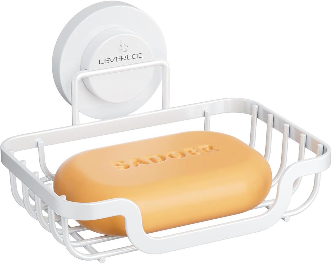 LEVERLOC Soap Dish, Soap Bar Holder for Shower Suction Cup Wall Mounted, Stainless Steel No-Drilling Removable Waterproof Sponge Holder for Bathroom Bathtub Kitchen Sink, Keep Dry, White (5.7" * 4.8")