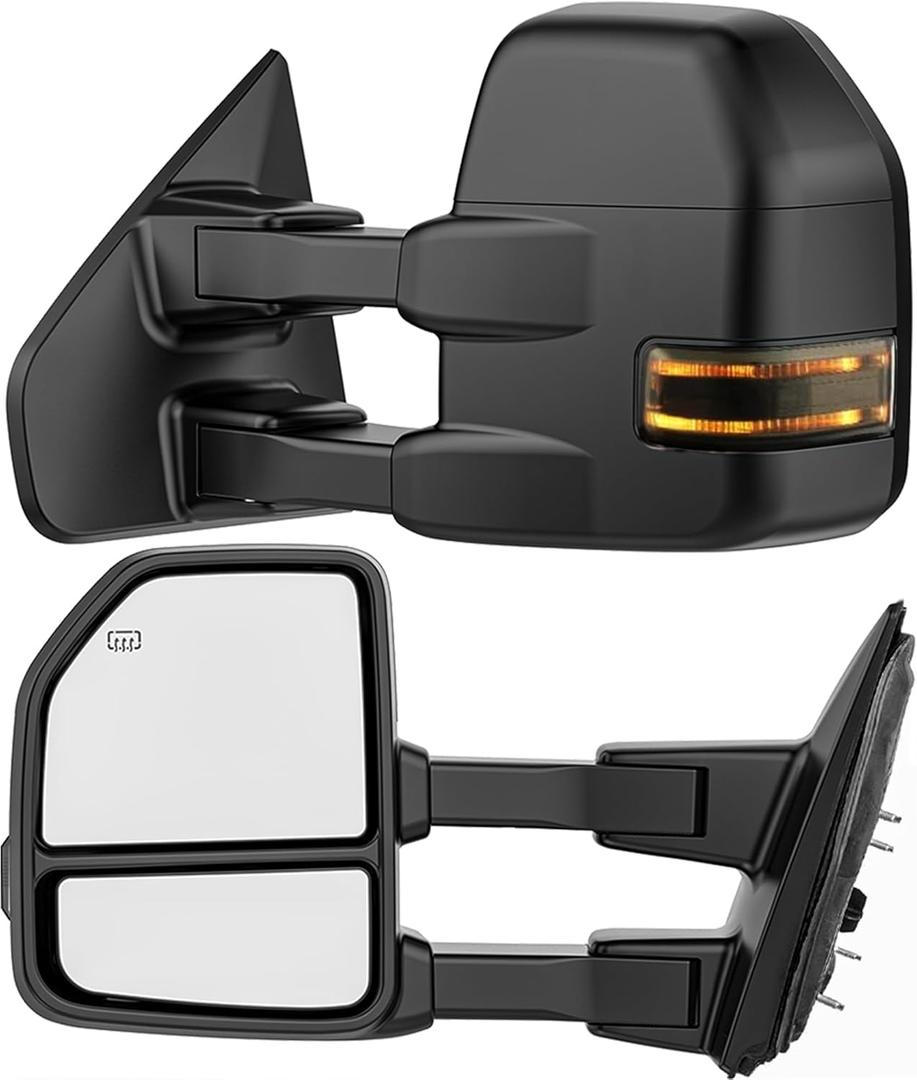 Smoked Power Heated Tow Mirrors Compatible with 2004-2014 Ford F150 F-150 Pickup Truck, Extended Trailer Towing Side Mirrors with LED Puddle Light