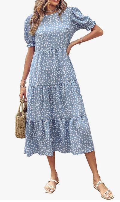 PRETTYGARDEN Summer Dresses for Women 2025 Casual Floral Boho Midi Sun Dress Puff Short Sleeve Flowy Beach Vacation Sundress
size S