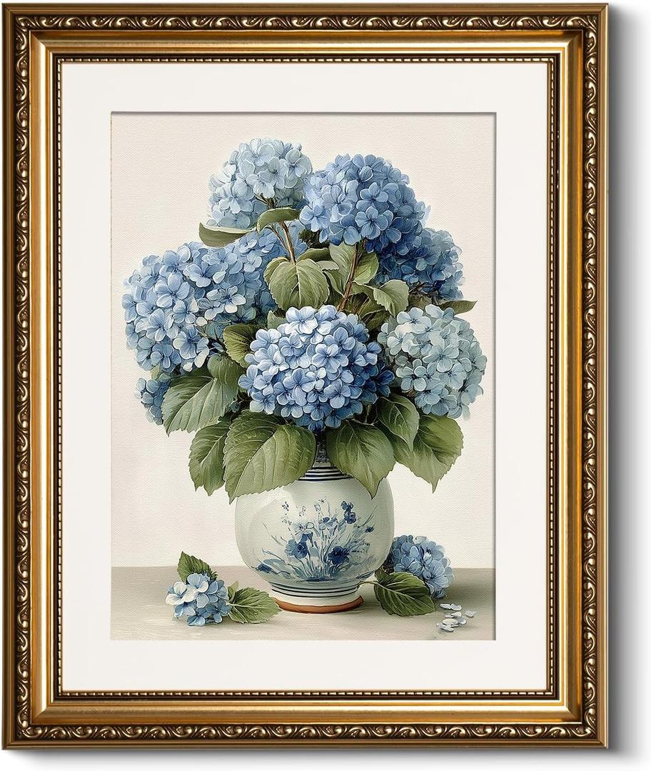 HUARCEY Vintage Blue Hydrangea Wall Art 13x16 Inch Botanical Print