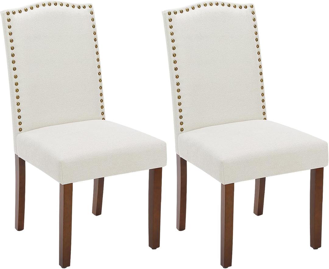 Sweetcrispy Dining Chairs Set of 2, Upholstered Fabric Kitchen Room Chairs Mid Century Modern High-End Dining Room Side Chairs with Nailhead Trim and Wood Legs for Bedroom, Living Room, Beige (Basic Beige)