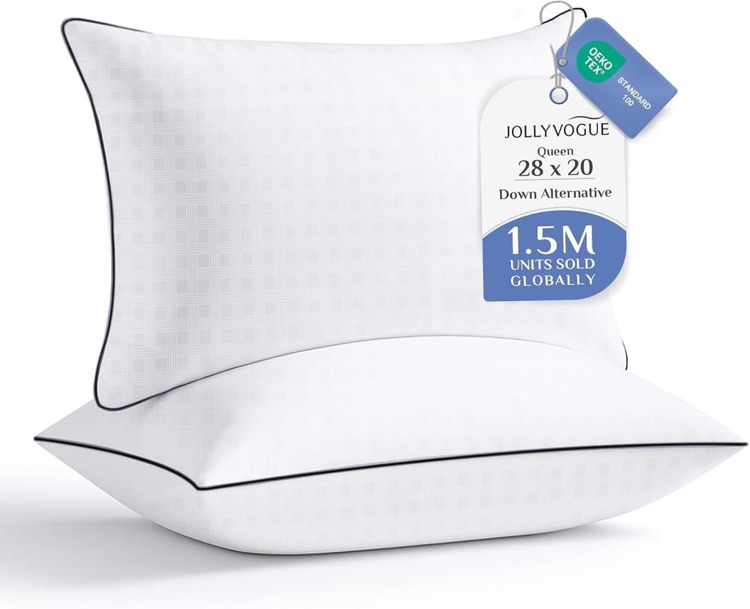 JOLLYVOGUE Pillows Queen Size Set of 2, Hotel Collection Bed Pillows for Side, Back, and Stomach Sleepers, Fluffy and Supportive, Down Alternative Microfiber Filled Sleeping Pillow