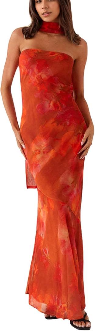 Women Floral Strapless Maxi Dress Sexy Backless Flowy Bodycon Tube Long Dress with Scarf (Red, L)