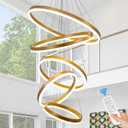 5-Rings Modern LED Chandelier Gold Dimmable High Ceiling Chandelier for Dining Room with Remote Control for Foyer Living Room Entryway Staircase(D23.6, 3000K-6500K) (Medium)