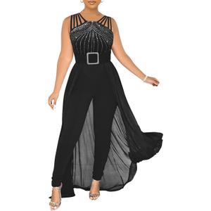 chicyes Womens One Piece Elegant Overlay Jumpsuit Dressy Sexy Bodycon Formal Sleeveless Rhinestone Romper Party Outfits (3-black)