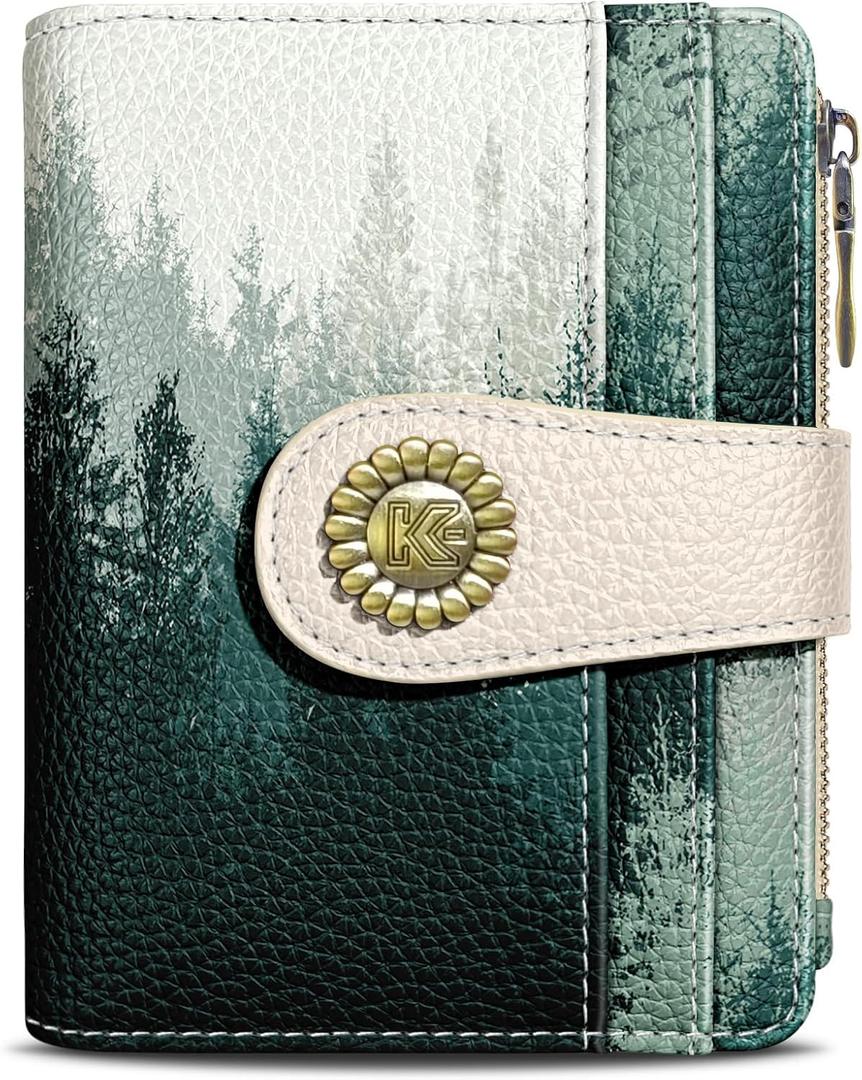 Kelvoris Forest Tree Small Rfid Women Wallet Bifold Zipper Coin Pocket PU Leather Compact Cash Credit Card Holder Travel Wallet for Female Ladies Teen Girls 1 ID Window 10 Card Slots