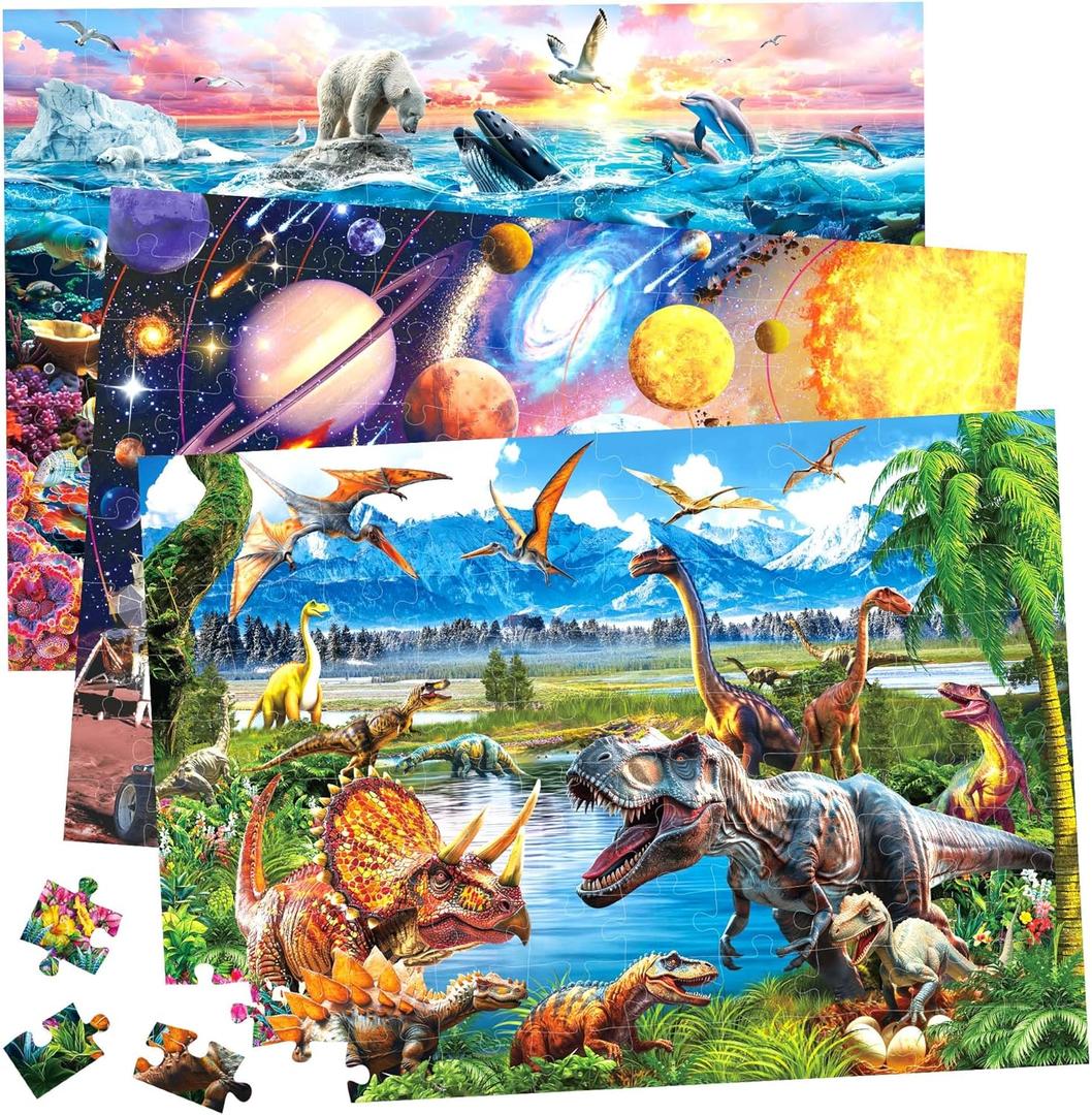 Puzzles for Kids Ages 4-6, 3 Pack 100 Pieces Large Puzzles for Toddlers 3-5 (Dinosaurs, Outer Space, Ocean Life), Learning & Educational Games for Kids 6-8, 19.75 x 13.75