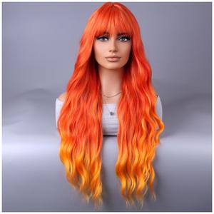 BERON Orange Wigs Women Long Wavy Flame Fire Colored Wig with Bangs 28 Inches Curly Synthetic for Cosplay Party Wigs Wig Cap Included (Mixed Orange)