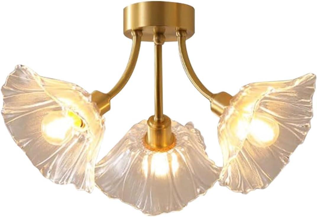 Gold Brass Flush Mount Ceiling Lights Fixture Clear Glass 3-Light Close to Ceiling Light Flower Glass Shape Shade Mid Century Chandelier Lighting for Bedroom Living Room Dining Room, 45*27cm/17.7*106