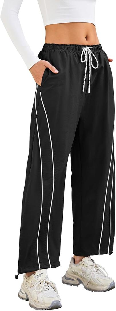 aswulk Womens Baggy Wide Leg Track Pants Drawstring High Rise Striped Elastic Waist Workout Pants with Pockets Black L