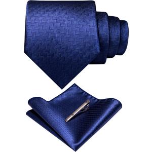 RBOCOTT Solid Color Tie Woven Classic Formal Mens Necktie and Pocket Square with Tie Clip Set (Navy Blue366)