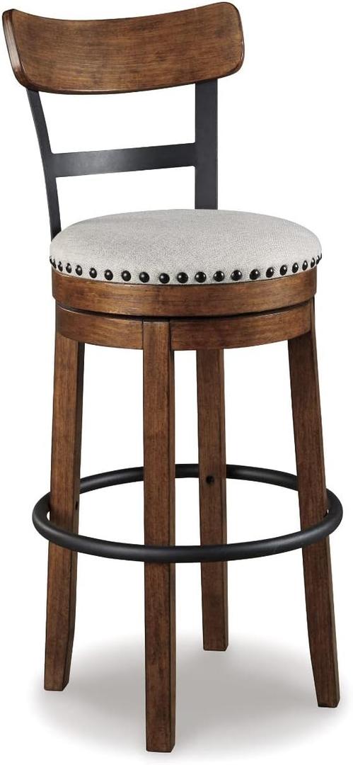 Signature Design by Ashley Valebeck | 30 Farmhouse Pub-Height Swivel Barstool With Back  Upholstered Cushion, Nailhead Trim, Metal & Wood Frame, Brown