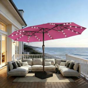 15FT Patio Umbrella with Solar Lights, Double-Sided Extra Large Outdoor Table Umbrella with Base Included, Heavy-Duty 12 Iron Ribs Market Umbrella for Garden, Pool, Backyard, Rose Pink