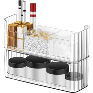 Poeland 2 Pack Stackable Makeup Organizer Tray, Transparent Cosmetic Display Case with 2 Lipstick Cases and 2 Cotton Swab Pad Boxes, Medicine Cabinet Shelves Organizer