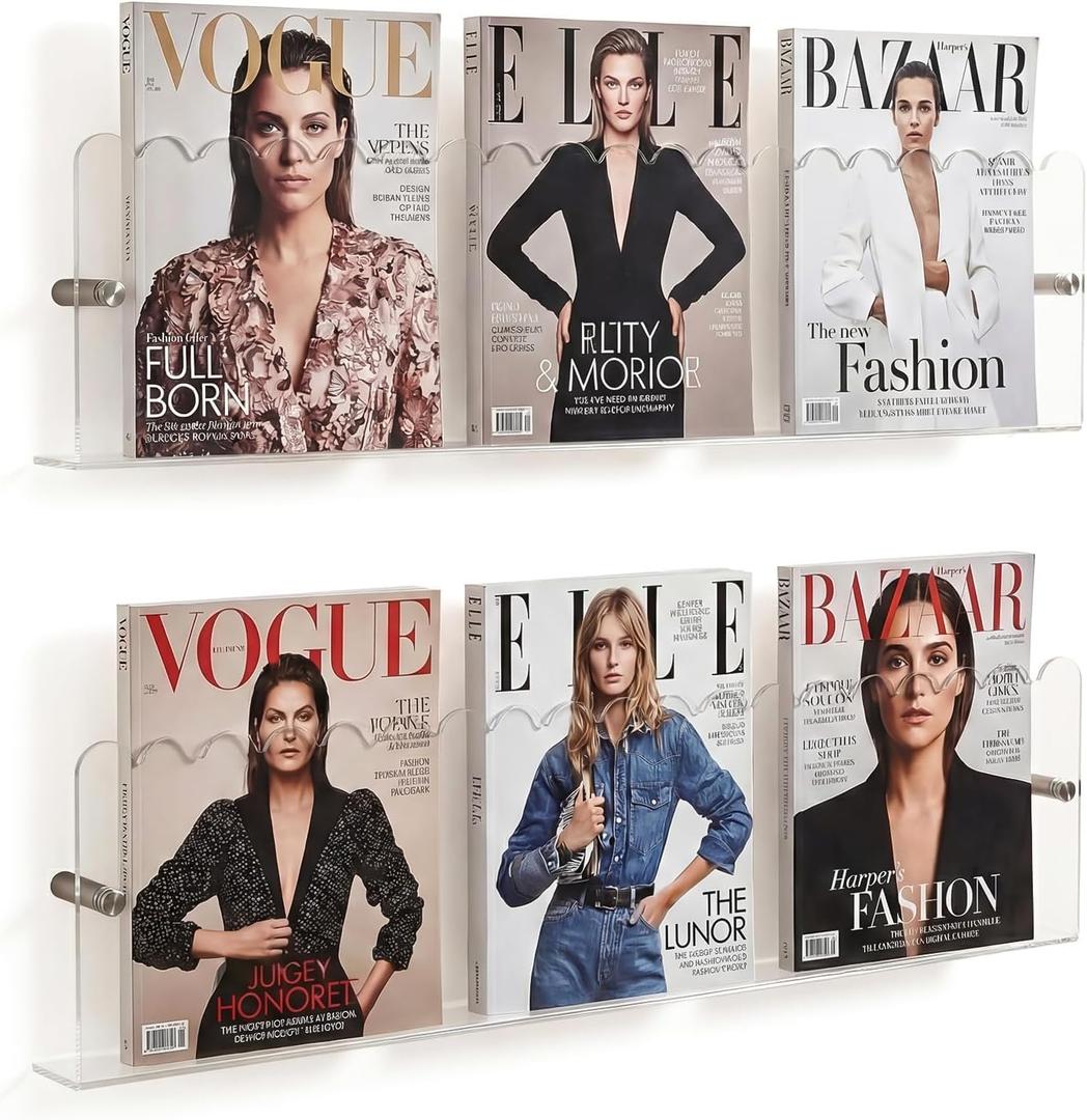 2 Pack Acrylic Magazine Holder Wall, 24 Inch Clear Floating Shelves Wall Mount Brochure Record Holder, Hanging Scalloped Bookshelf Literature Organizer for Nursery Waiting Room Living Room Office