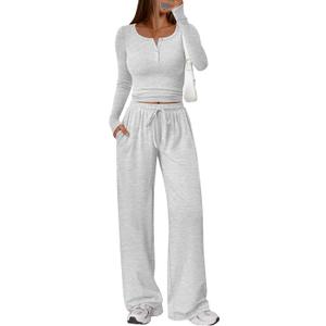 Trendy Queen Women's 2 Piece Matching Lounge Sets Long Sleeve Henley Neck Slightly Crop Top Wide Leg Pants Casual Sweat Suit S