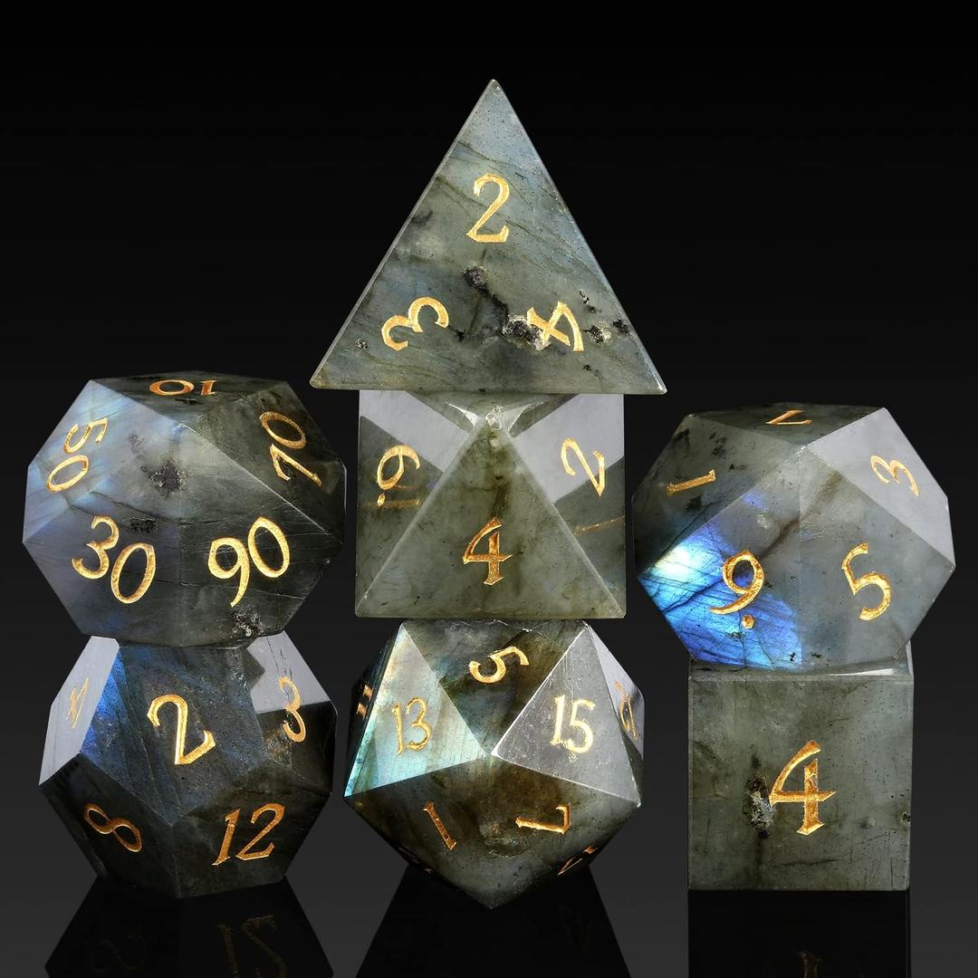 Labradorite Gemstone Dice Set DND, DNDND Full Set Real Stone Dice Set with Gorgeous Gift Case for Dungeons and Dragons and Tabletop Game (Labradorite)