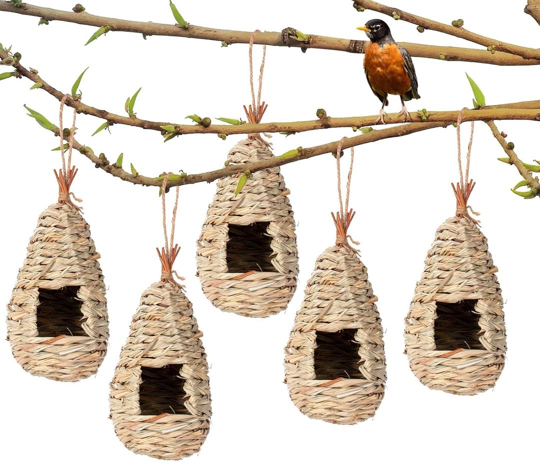 Humming Bird Houses for Outside Hanging, Natural Grass Hut, Hand Woven Hummingbird Nest for Garden Window Outdoor Home Decoration, 5 Pack (Water Droplets) (Small)