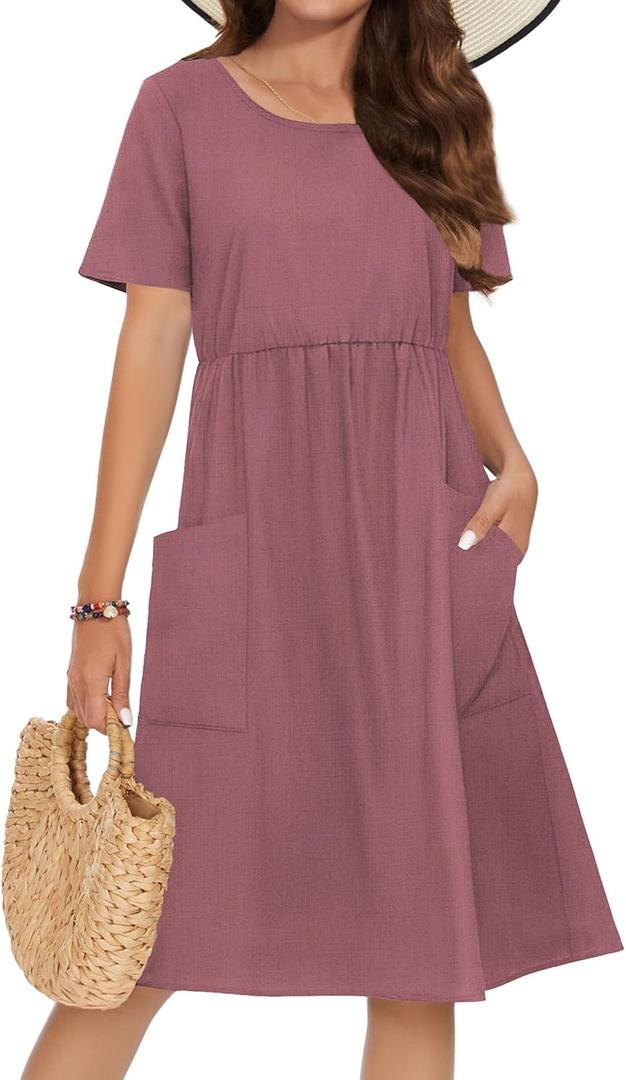 Zeagoo Womens Summer Midi Dress Casual Short Sleeve A-Line Cotton Linen Dress Flowly Beach Tunic Sundresses with Pockets 2025