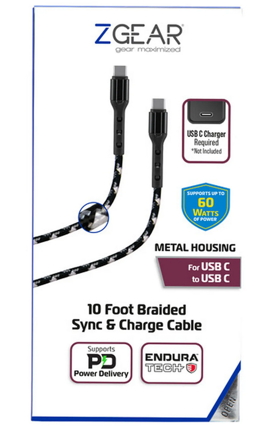 Zgear USB-C/C Fast Charge Braided Cable with EnduraTech (10 ft) 2 Pack
