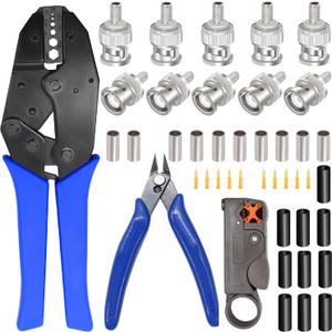 Taiss Coaxial Cable Tool Kit BNC Crimp tool with 10PCS BNC Male Crimp Connector,Coaxial Cable Stripper Cutter,Wire Cable Cutter and Heat Shrink Tube for RG58/RG59/RG62/RG174