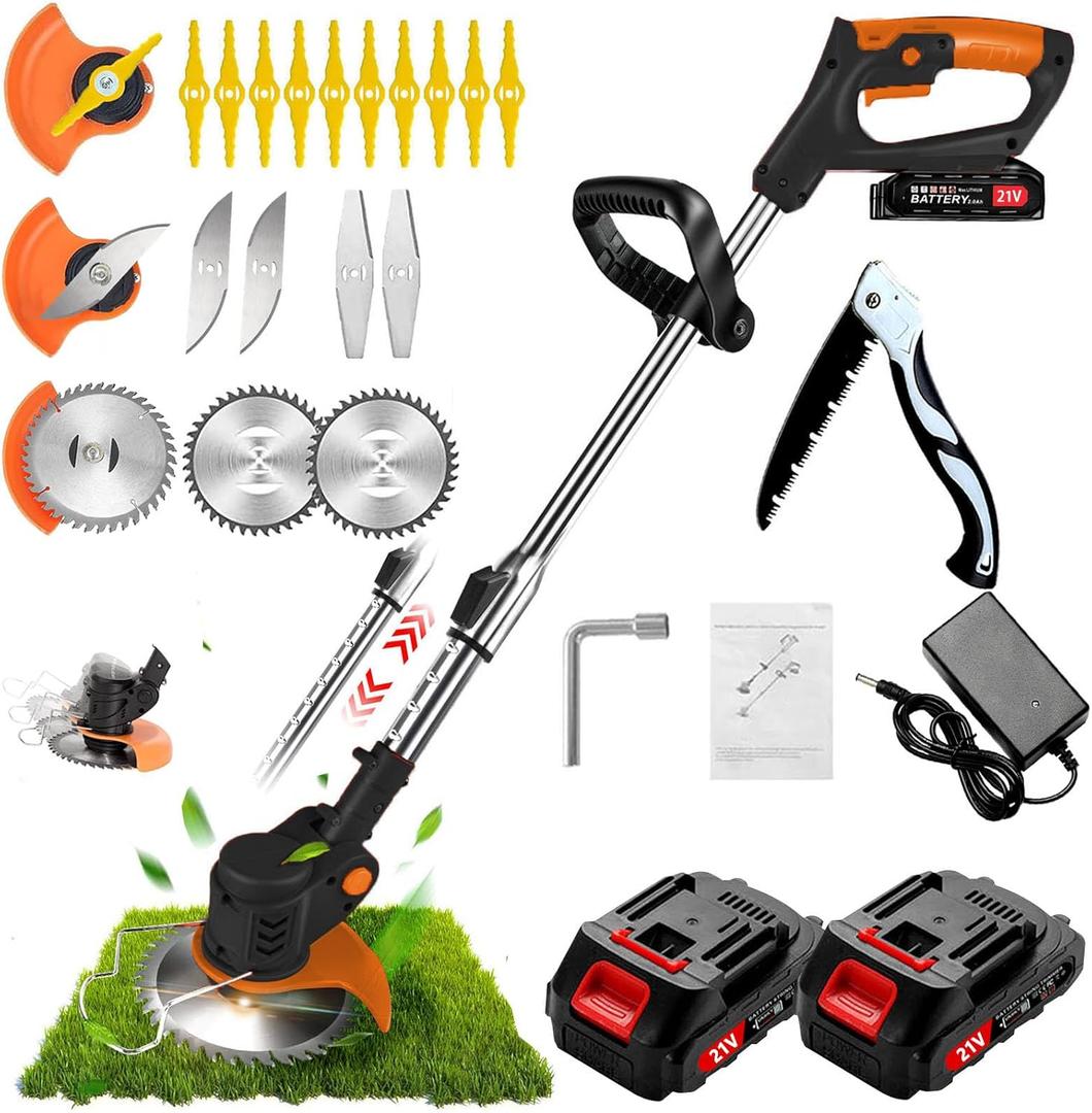 Weed Wacker, Electric Weed Wacker with 2 X 21V 2000mAh Batteries,Weed Electric Eater, 3 in 1 Lightweight Grass String Trimmer Brush Cutter, Stringless Weed Trimmer for Home Gardens