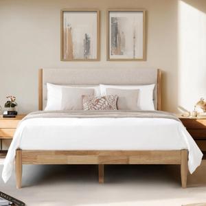 Wood Bed Frame with Upholstered Headboard Wooden Platform with Silent Slat Support Mattress Foundation No Box Spring Needed, Easy Assembly (Full, Oat) Wood Bed Frame with Upholstered Headboard Wooden Platform with Silent Slat Support Mattress Foundation No Box Spring Needed, Easy Assembly (Full, Oat)