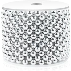 Craft String Pearls 8MM Pearl Bead, 33 Feet Silver Faux Pearl Garland Spool Roll Strand Wedding Party Decoration, Christmas Tree Decorations (0.31 in 33 ft)