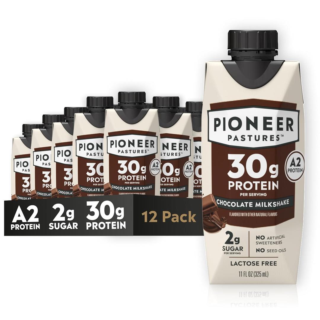 Pioneer Pastures - High Protein A2 Milkshakes - Chocolate - A2 Nutritional Milk, 30g Protein, 2g Sugar, No Artificial Sweeteners, No Seed Oils - All-Natural, Breakfast Shake, Meal Replacement, Workout - 11oz, 12 Pack, BBD 01/15/2026