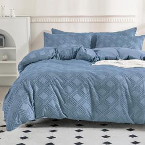 JELLYMONI Duvet Cover Queen Size Blue - 3PCS Boho Duvet Cover Set Plaid Polyester Tufted Bohemian Jacquard Knit Textured Comforter Cover 9090in Rhombic Geometric Pattern Zipper Corner Tie