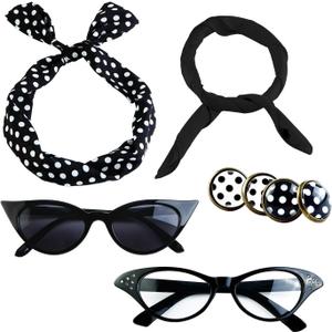 Aneco 6 Pack 50s Set Chiffon Scarf Cat Eye Glasses Bandana Tie Headband Earrings (Black)