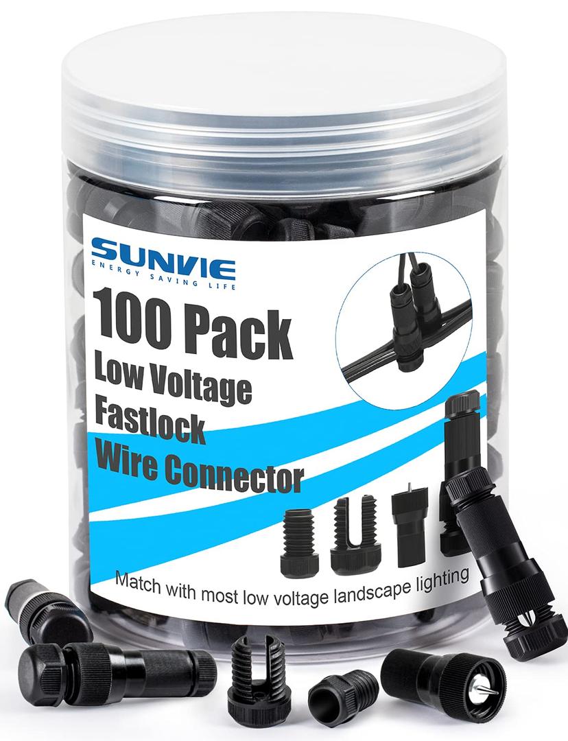 SUNVIE 100 Pack Landscape Lighting Wire Connectors 12-16 Gauge Low Voltage Landscape Lights Fastlock Wire Connector for Spotlight Garden Pathway Lights Work with Malibu Paradise Moonrays and More