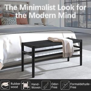 Cushioned Storage Ottomans, Bedroom Stool, Woven Bed Stool with Cross Wooden Legs, Suitable for Living Room and Bedroom (New Black, 39.3 x 14.5 x 17.3)
