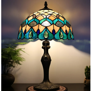 Tiffany Lamp Stained Glass Table Lamp Bedside Reading Lamp 12 x 19” Blue Phoenix Tail Style Decorative Lamp for Desk Study Living Room Bedroom Office Decor Gift