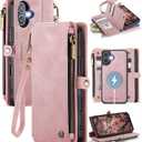 Defencase for iPhone 17 Magnetic Wallet Case Compatible with Magsafe with RFID Blocking Zipper Pocket & Card Holder for Women Men PU Leather Strap Detachable Case for iPhone 17 (6.3 inch), Rose Pink
