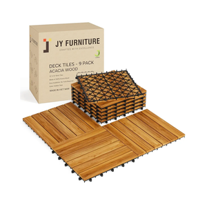 9 PCS Interlocking Deck Tiles 12" x 12"- Acacia Wood Deck Tiles for Outdoor & Indoor Use, Drainage, Non Slip, Easy Installation - Patio Flooring for Balcony, Backyard, and Garden (Golden Steak)
