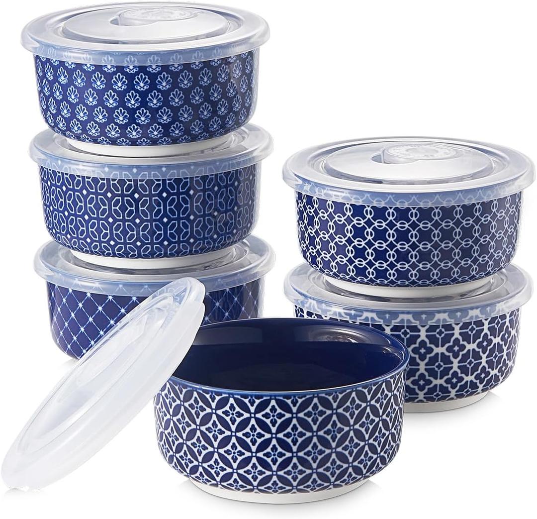DOWAN Ramekins 8 oz Oven Safe with Lids for Creme Brulee Souffle, Ceramic Custard Cups for Baking, Dipping Bowls Condiment Sauce Cups, Set of 6, Vintage Blue